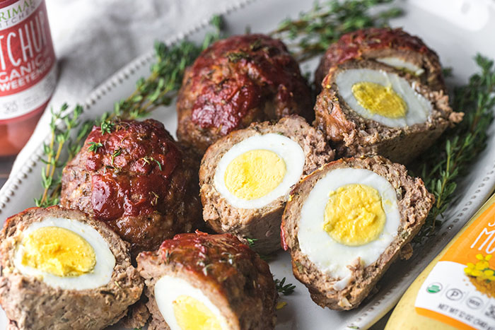 finished mini meatloaves scotch eggs recipe cut open to show egg