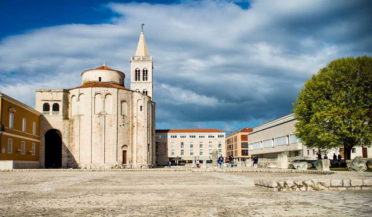 A large, empty plaza in the Old Town of Zadar, Croatia