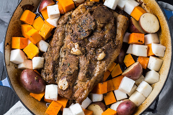 seared pork with root vegetables added for braised pork recipe