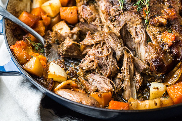 finished and shredded one pot braised pork with root vegetables recipe