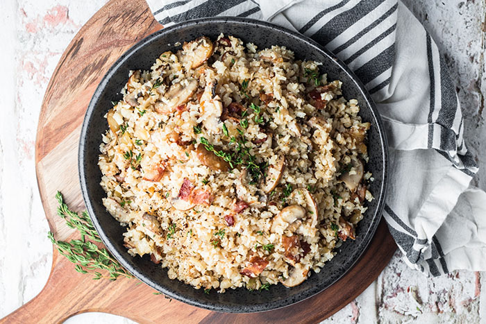 finished cauliflower bacon mushroom risotto recipe