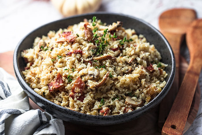 finished cauliflower bacon mushroom risotto recipe