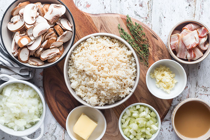 ingredients for cauliflower rice mushroom bacon risotto recipe