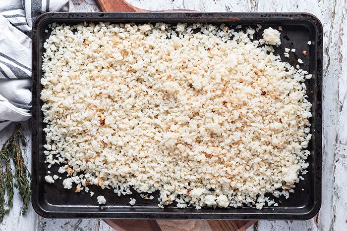 cauliflower in pan for cauliflower bacon mushroom risotto recipe