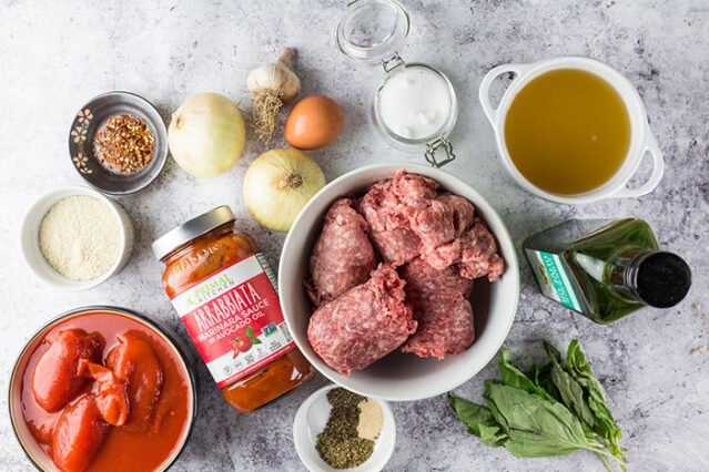 ingredients for tomato soup with gluten-free spicy mini meatballs recipe