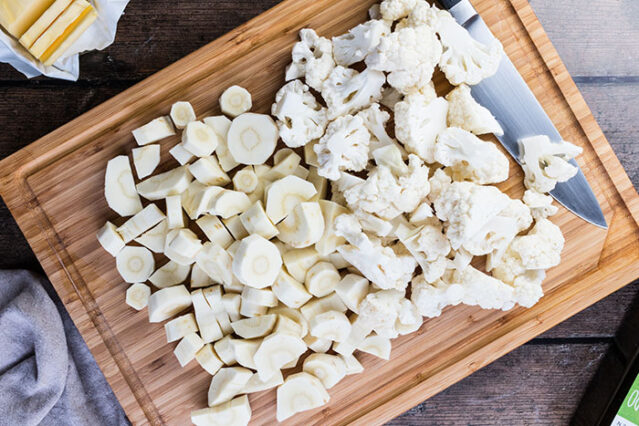 chooped cauliflower and turnips for low carb keto alternatives to mashed potatoes