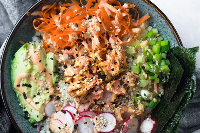drizzled sauce tiktok emily mariko inspired low carb salmon rice bowls