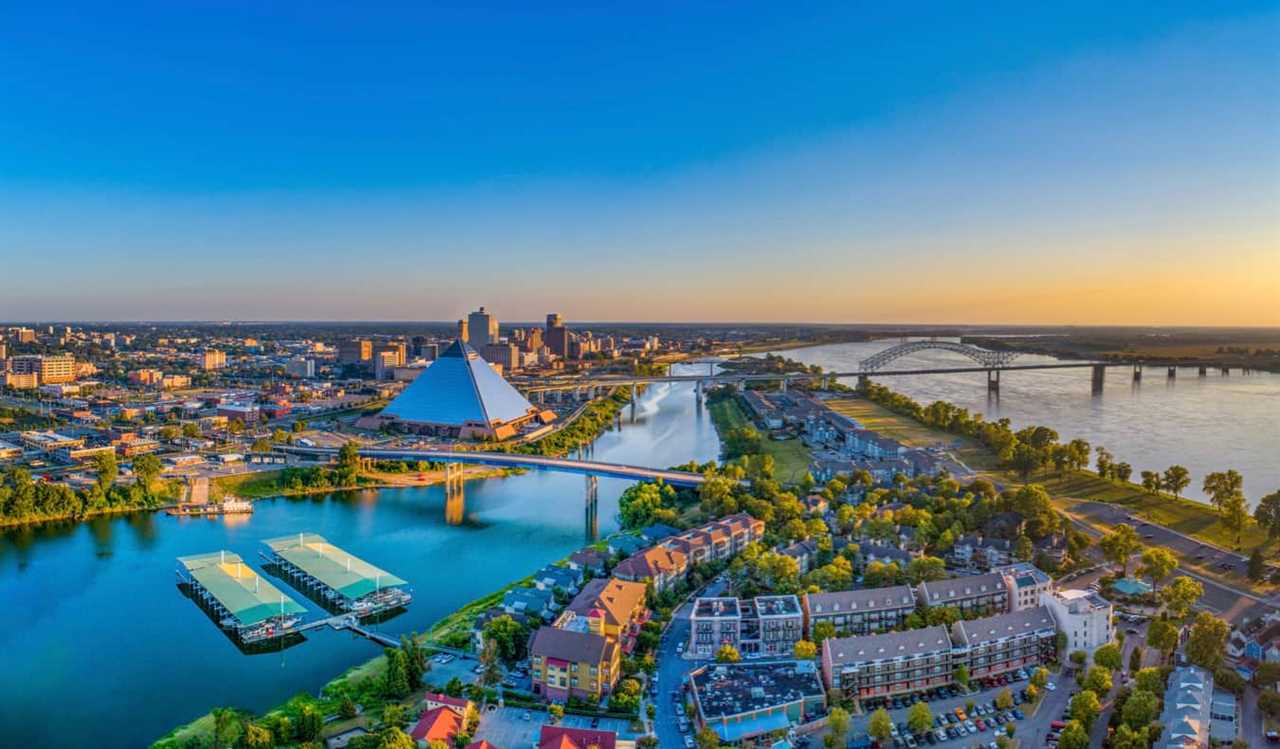 The view overlooking Memphis, TN, including the downtown and the nearby scenic rivers