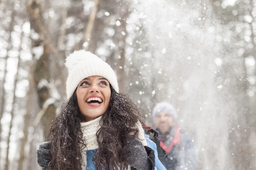 winter skincare woman in snowstorm