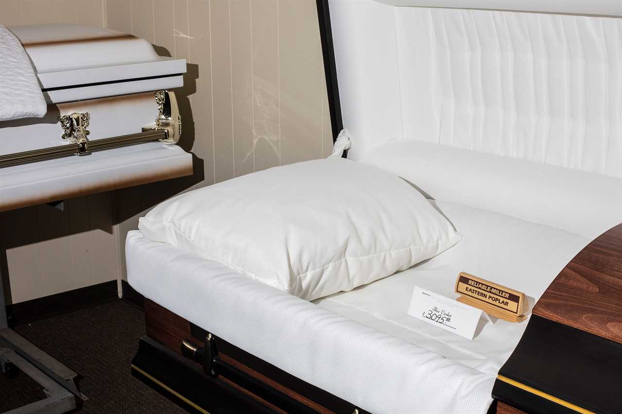 Caskets in a show room during a Kean University course on death at Galante Funeral Home in Union, N.J., on Wednesday, February 2, 2022.CREDIT: Bryan Anselm/Redux for TIME