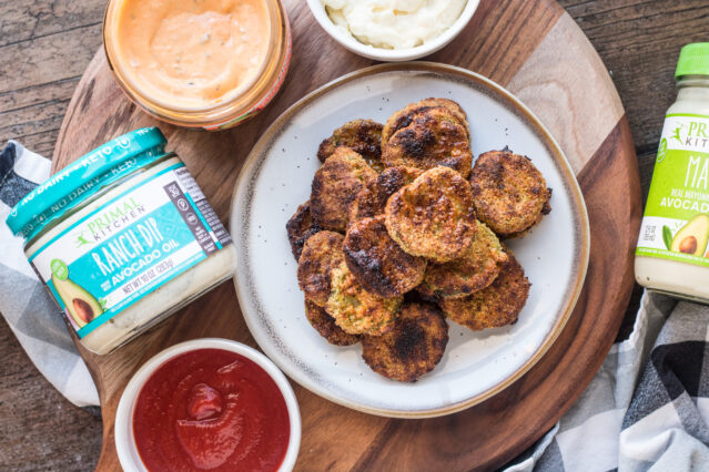 Air fried pickles with Primal Kitchen Ketchup and Ranch Dip