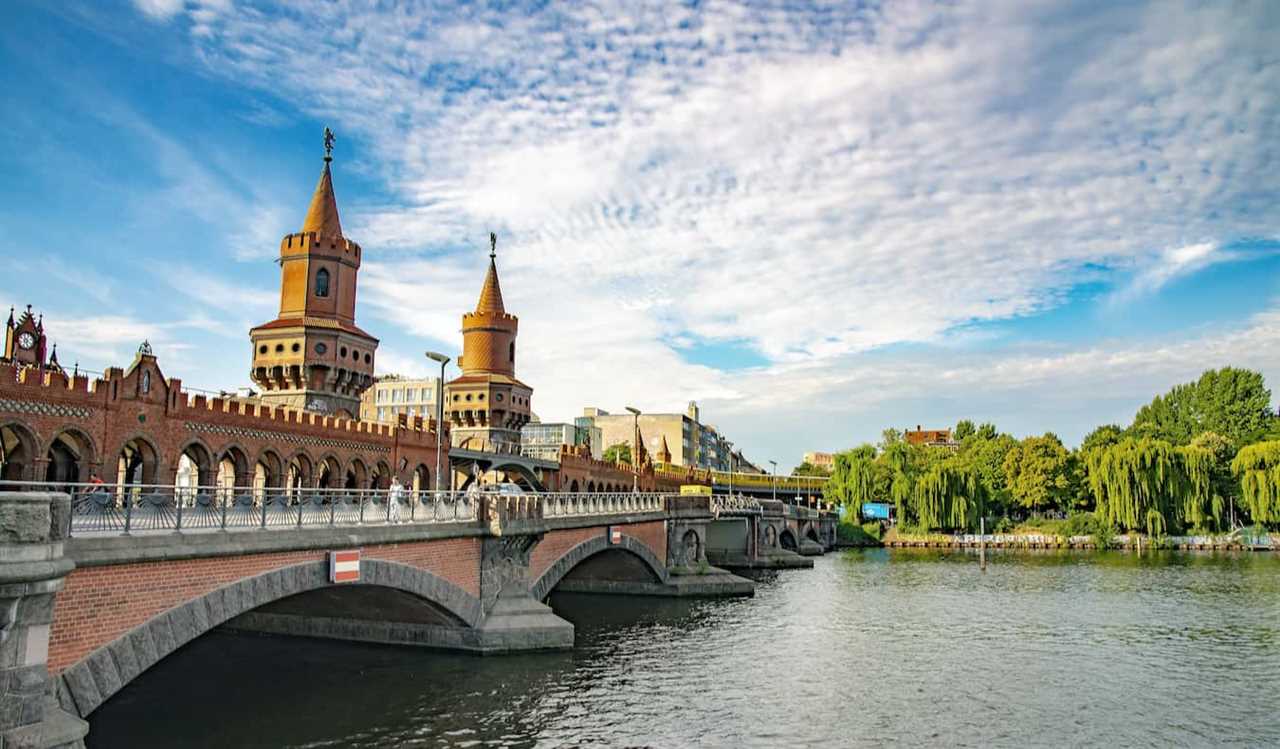 The popular neighborhood of Friedrichshain featuring the famous red Oberbaum Bridge