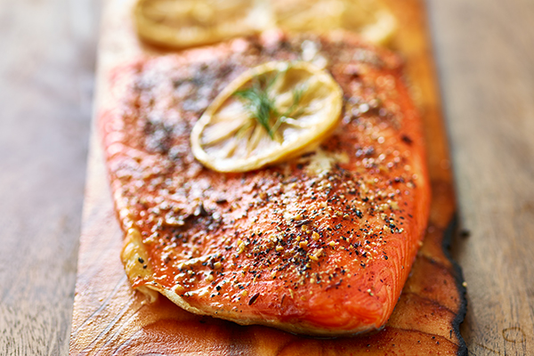 Grilled salmon on cedar plank.