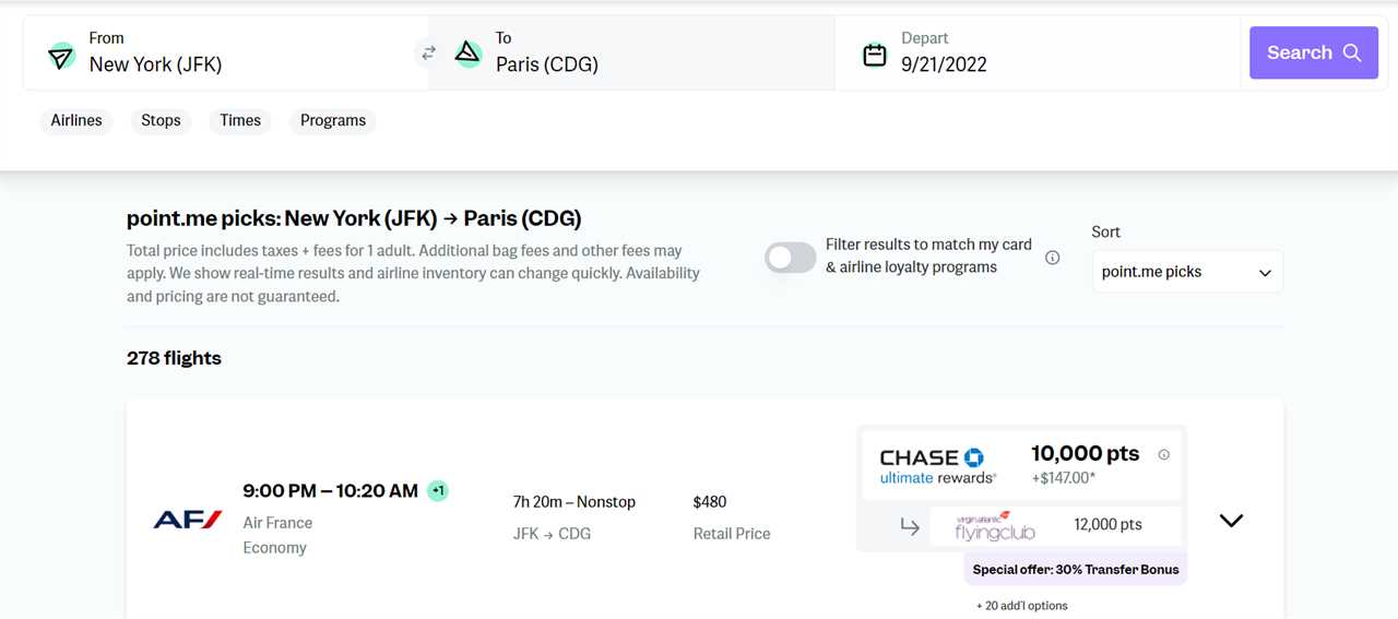 Finished search result from JFK to CDG, showing the top flight result, a non-stop flight for 10,000 points and $147 USD.