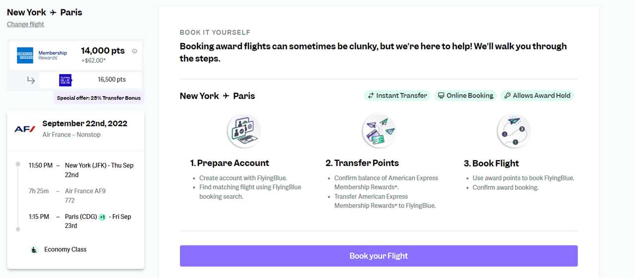Screenshot on point.me showing flight details from JFK to CDG and a 3-step breakdown of the booking process.