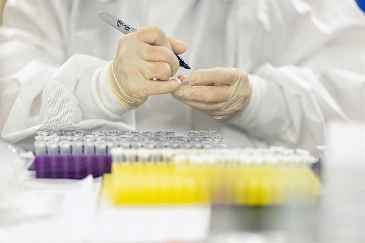 Laboratory technicians from members of the Abbott Pandemic Defense Coalition mark samples during a training at AP8 in Abbott Park, Ill.