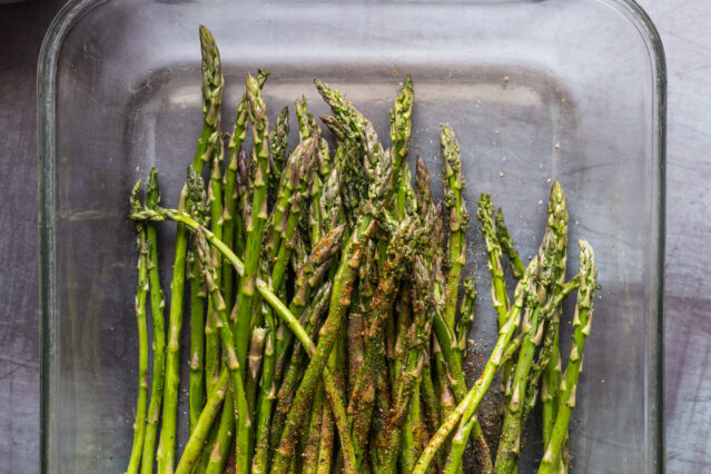 asparagus in a clear pan