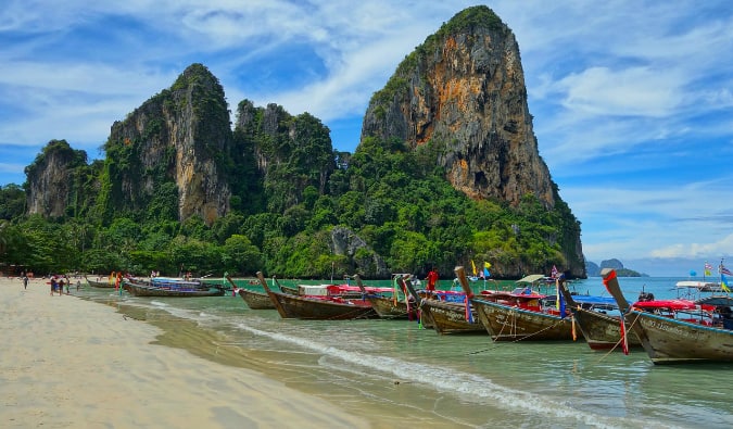 A classic shot of boats lined up along the beach in Thailand