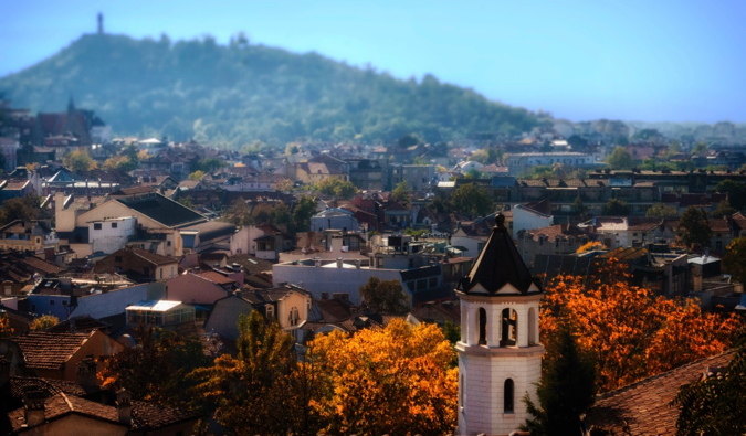 The colorful town of Plovdiv in Bulgaria, surrounded by hills