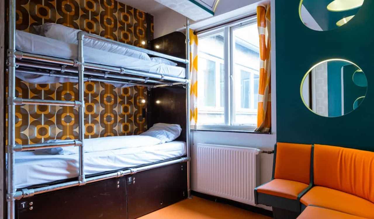 Basic bunk beds in a hostel dorm in Copenhagen Downtown Hostel