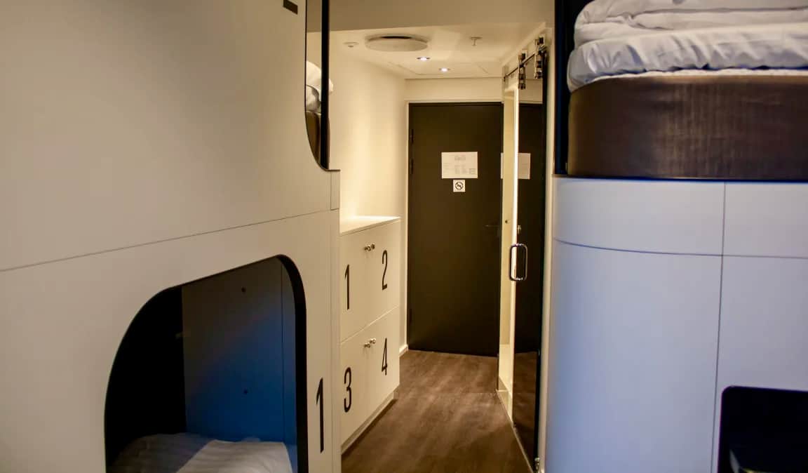 Pod beds in a dorm room at Next House in Copenhagen, Denmark