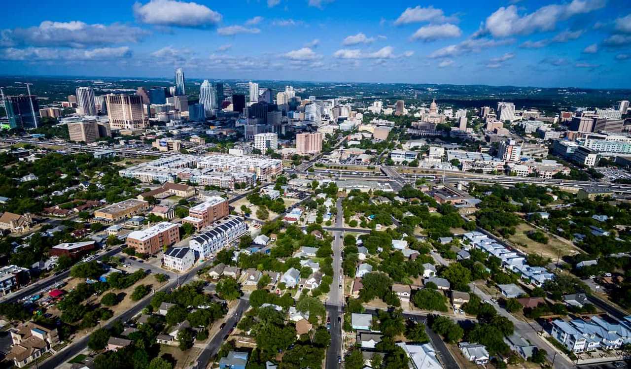 An aerial view overlooking East Austin in Austin, Texas