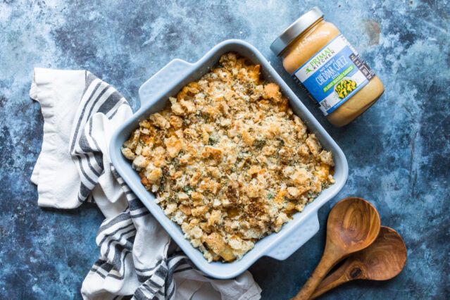 keto cauliflower mac and cheese in white square pan