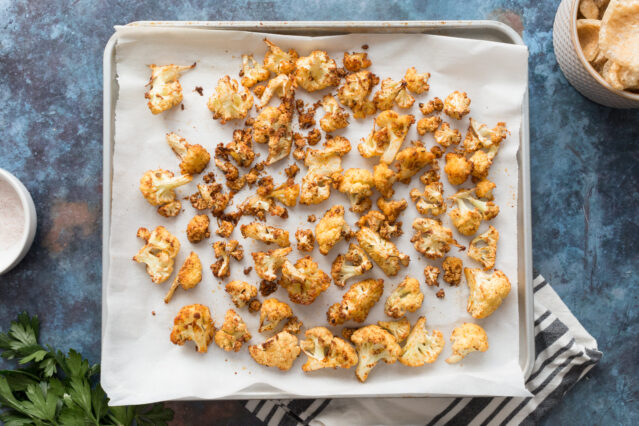 roasted cauliflower on a baking sheet