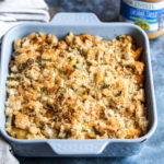 keto cauliflower mac and cheese in white pan