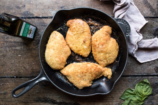 chicken cutlets cooked on cast iron skillet