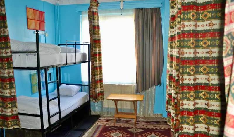 The interior of Bahaus Hostel in Istanbul, Turkey, featuring blue walls in a cozy, small dorm