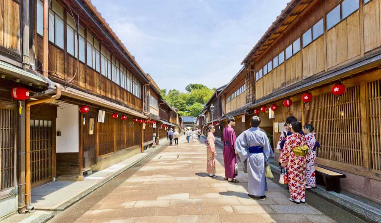 The quiet streets of scenic Kanazawa, Japan with locals wearing traditional clothing