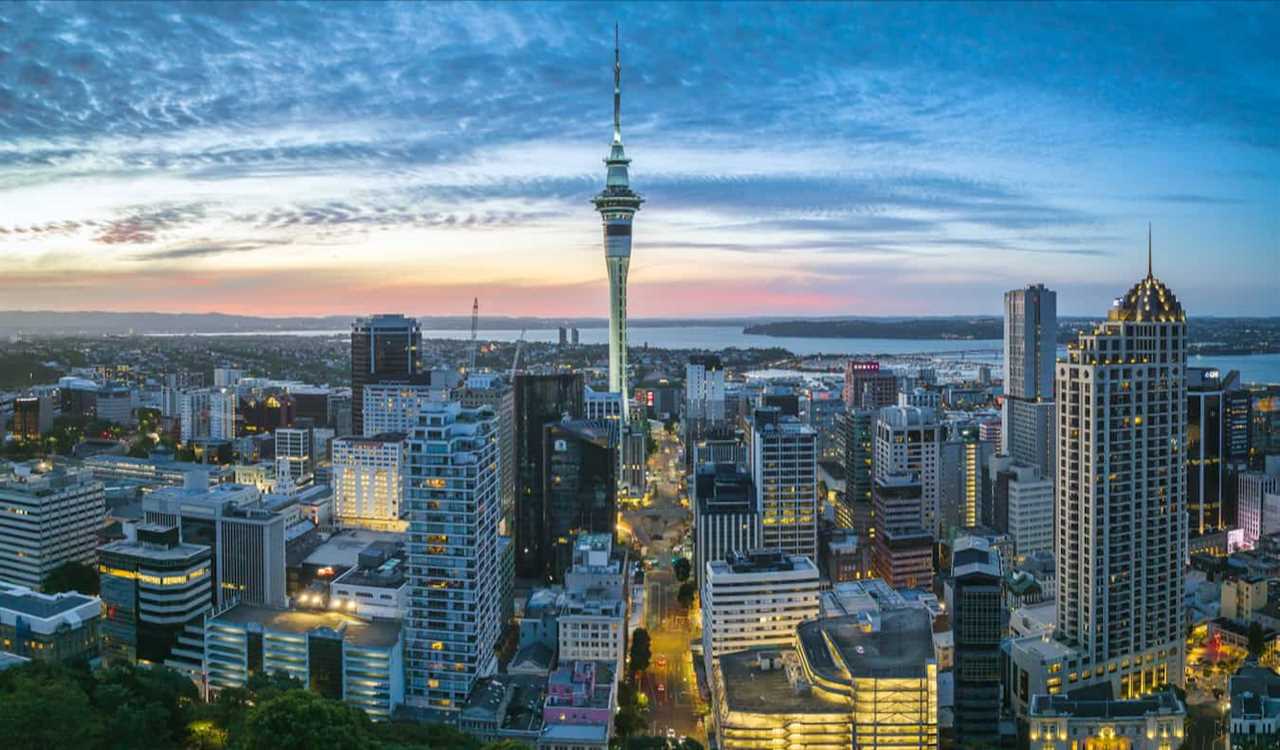 The stunning skyline of Central Auckland, New Zealand featuring the famous Sky Tower