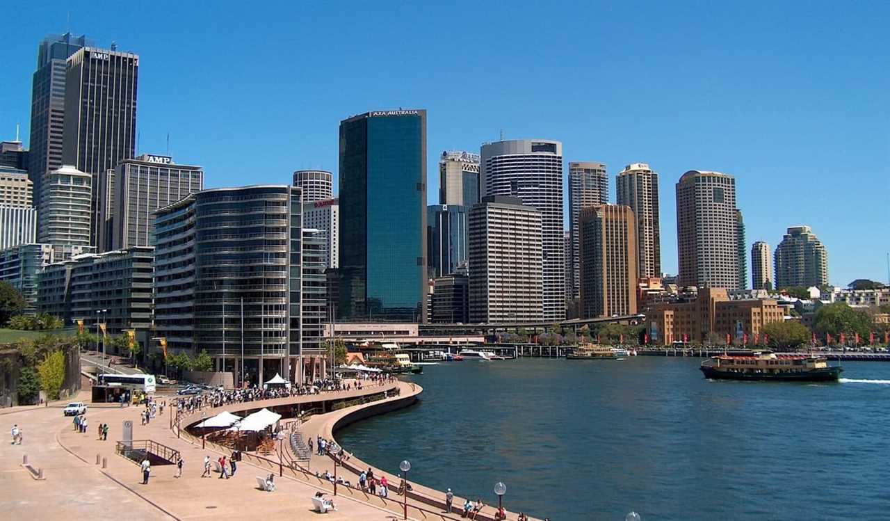 Skyscrapers along the waterfront in Sydney, Australia on a bright and sunny day