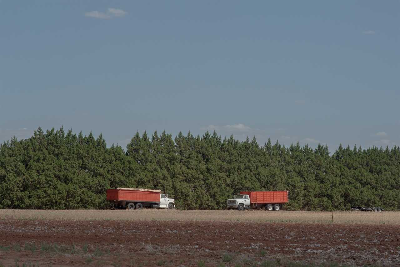 Two trucks are parked by a treeline outside of Littlefield, Texas on June 25, 2022.