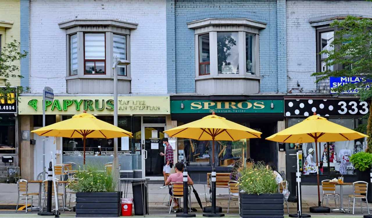 People relaxing at a restaurant outside in the Danforth area of Toronto, Canada