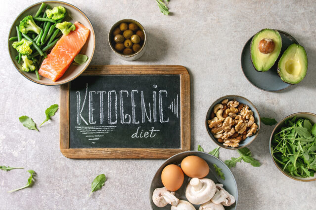 Chalkboard reading "Ketogenic diet" surrounded by raw salmon, avocado, broccoli, bean, olives, nuts, mushrooms, eggs in ceramic bowls.