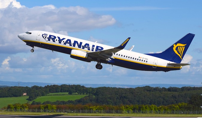 A Ryanair flight taking off in Europe during summer