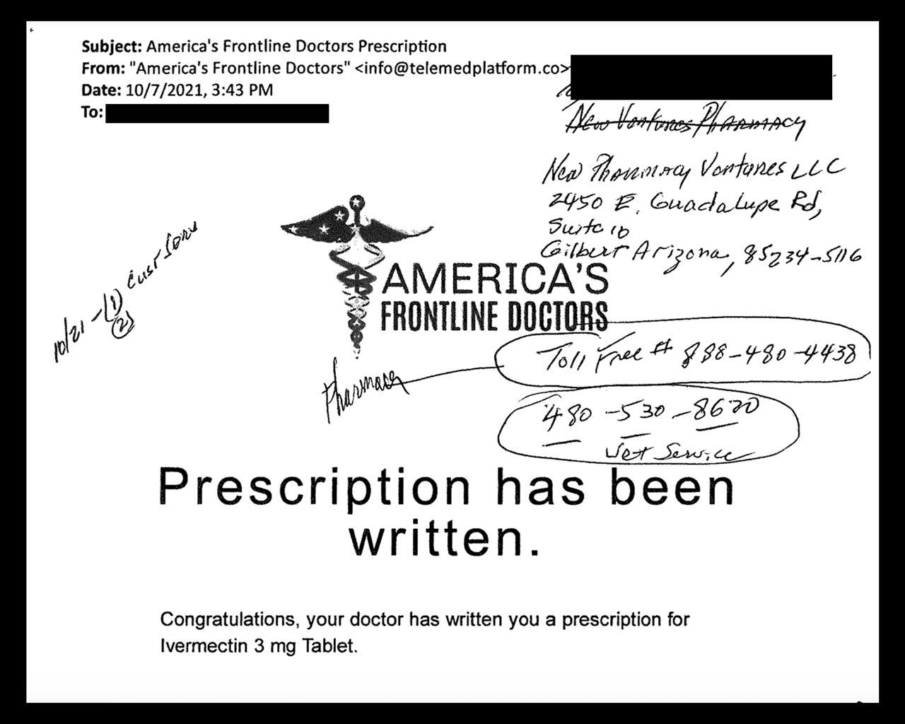 An email to Julie Moore's father confirming a prescription written by America's Frontline Doctors