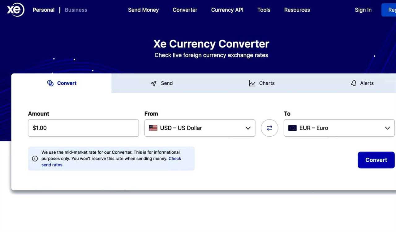 The XE currency app homepage