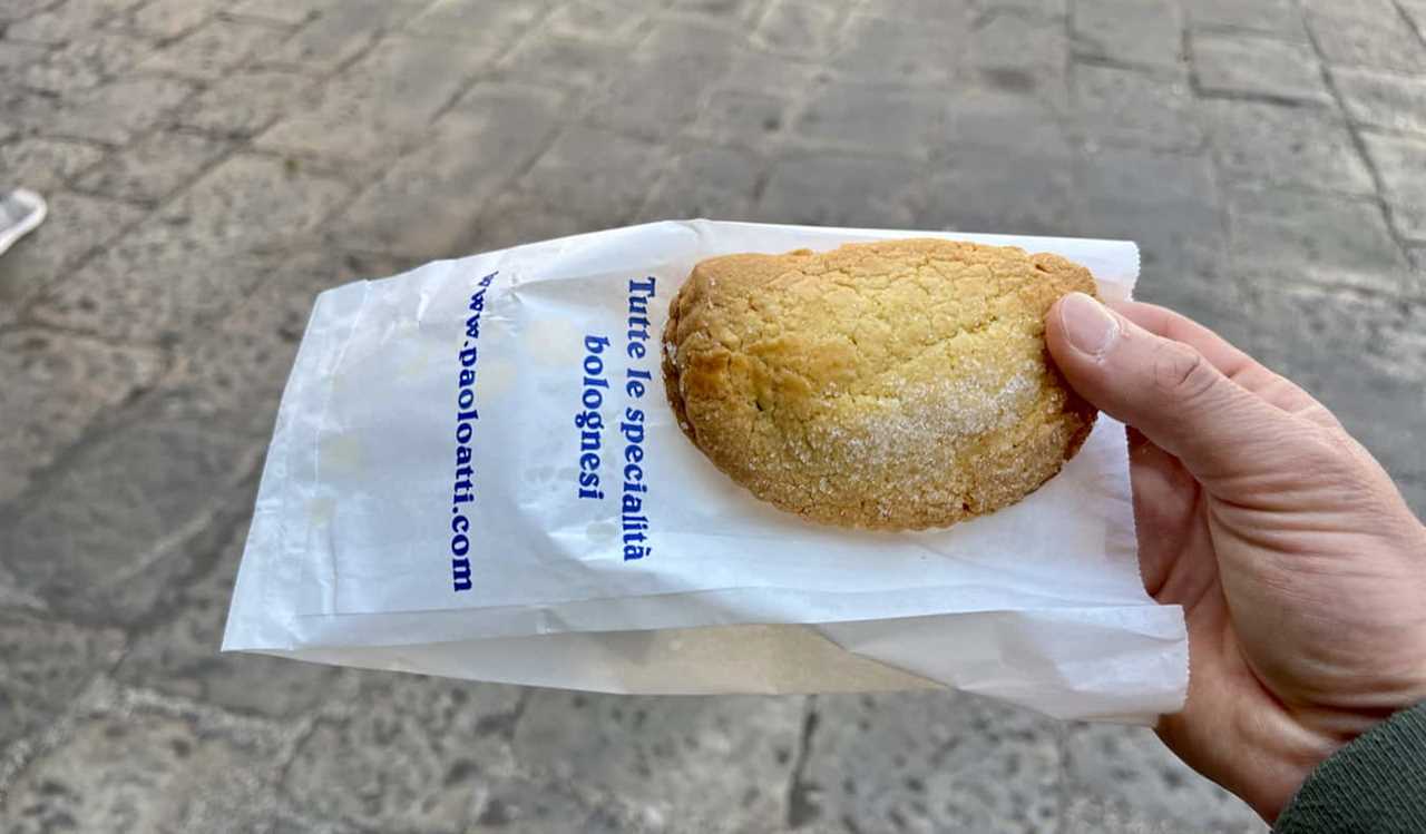 A small pastry on the streets of Bologna, Italy