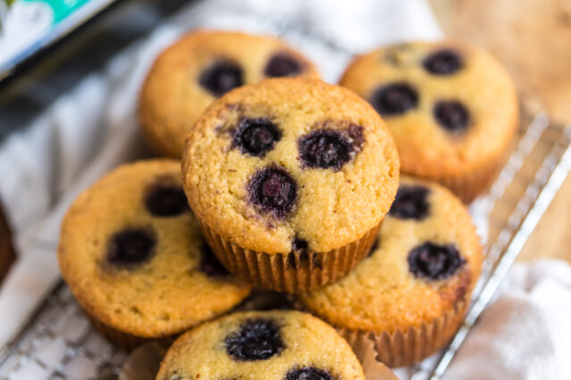 keto blueberry muffins on a cooling rack