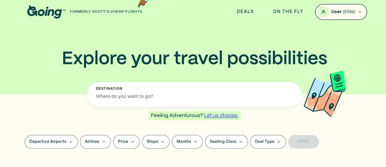 Screenshot from the Going travel website showing a search bar and filters to select