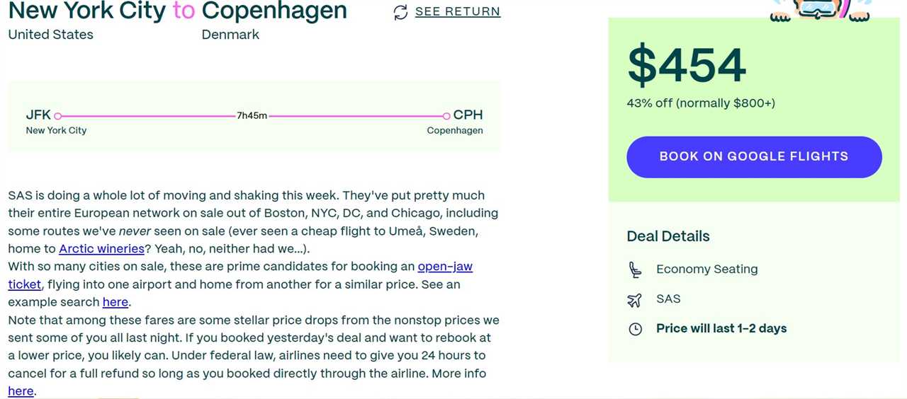 Screenshot from the Going travel website showing a flight deal from NYC to Copenhagen, Denmark