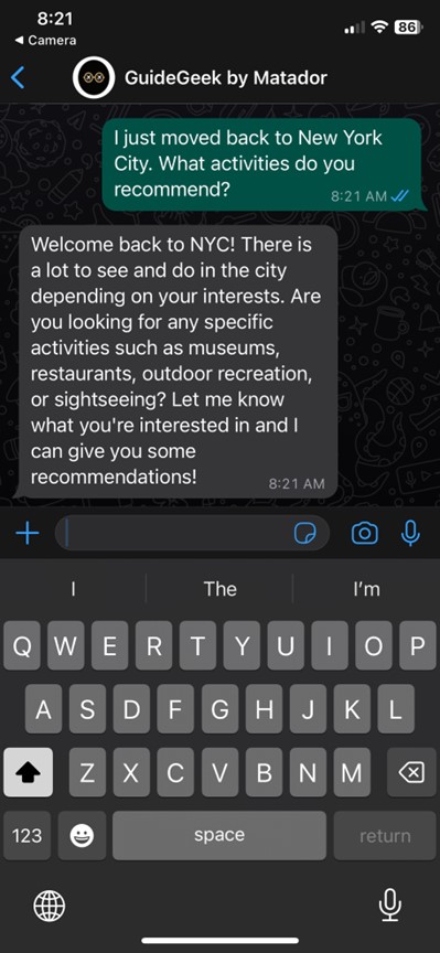 screenshot of Whatsapp chat with Guidegeek AI travel planner