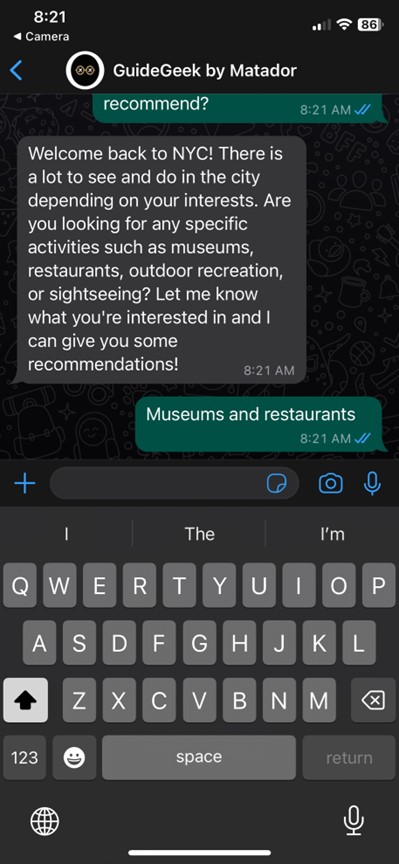 screenshot of Whatsapp chat with Guidegeek AI travel planner