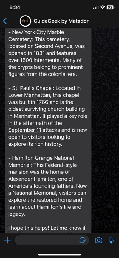 screenshot of Whatsapp chat with Guidegeek AI travel planner
