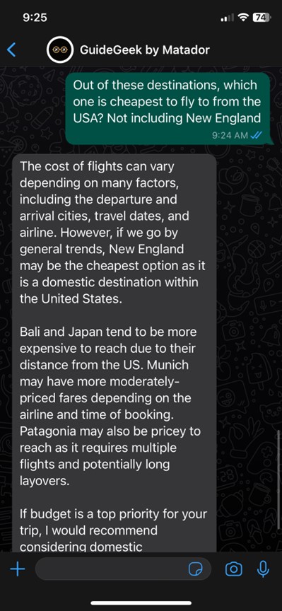 screenshot of Whatsapp chat with Guidegeek AI travel planner