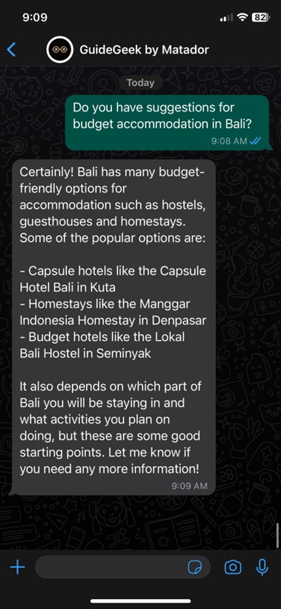 screenshot of Whatsapp chat with Guidegeek AI travel planner