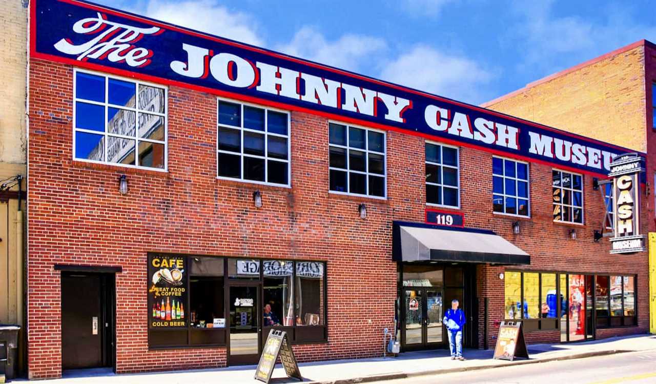 The exterior of the Johnny Cash Museum on a sunny day in Nashville, TN, USA